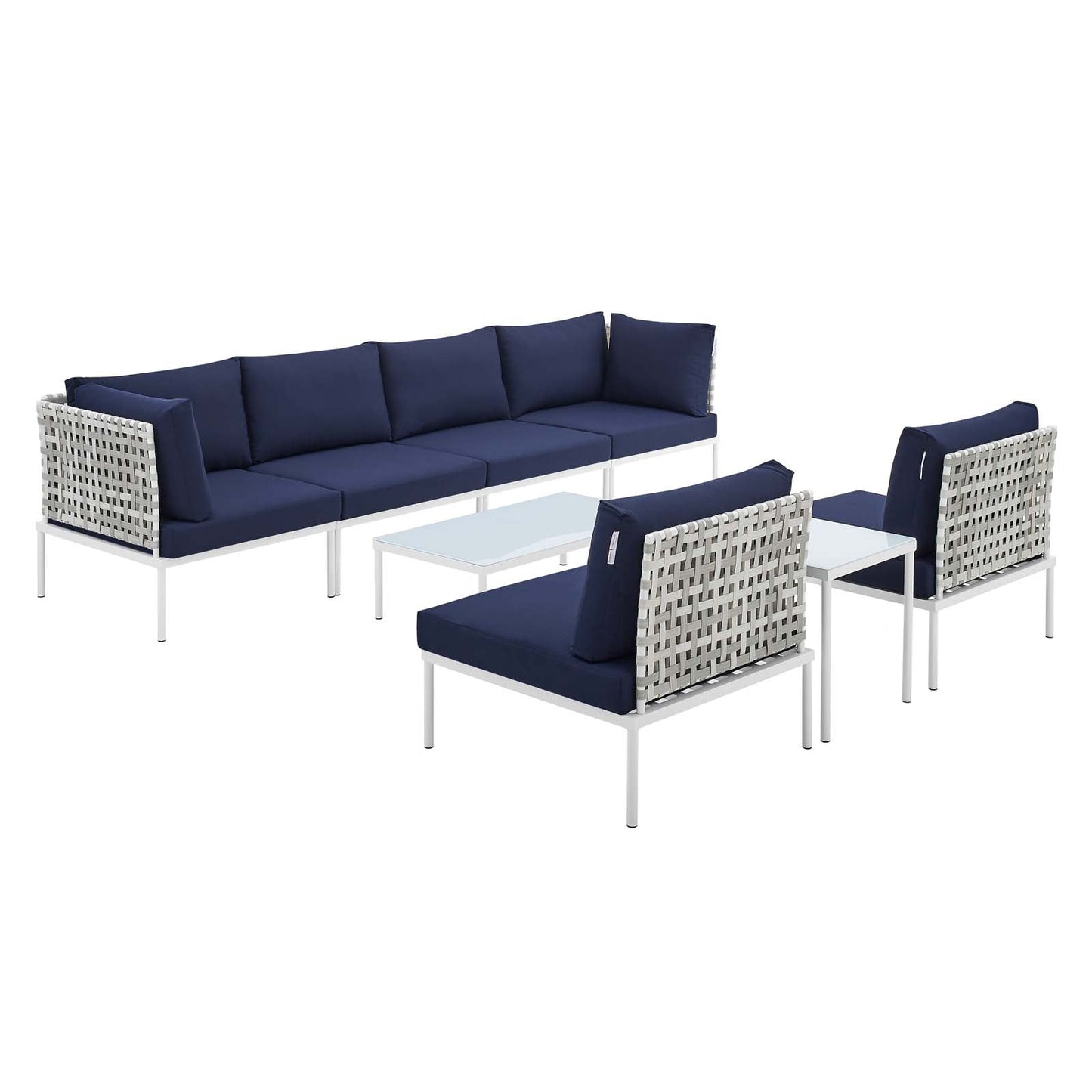 Harmony 8-Piece  Sunbrella® Basket Weave Outdoor Patio Aluminum Sectional Sofa Set Taupe Navy EEI-4942-TAU-NAV-SET