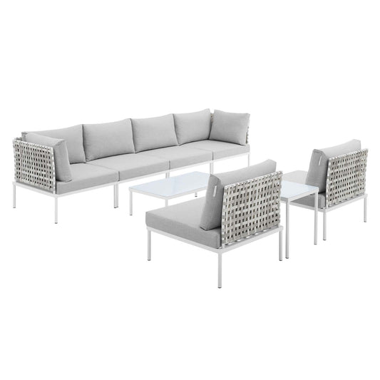 Harmony 8-Piece  Sunbrella® Basket Weave Outdoor Patio Aluminum Sectional Sofa Set Tan Gray EEI-4943-TAN-GRY-SET