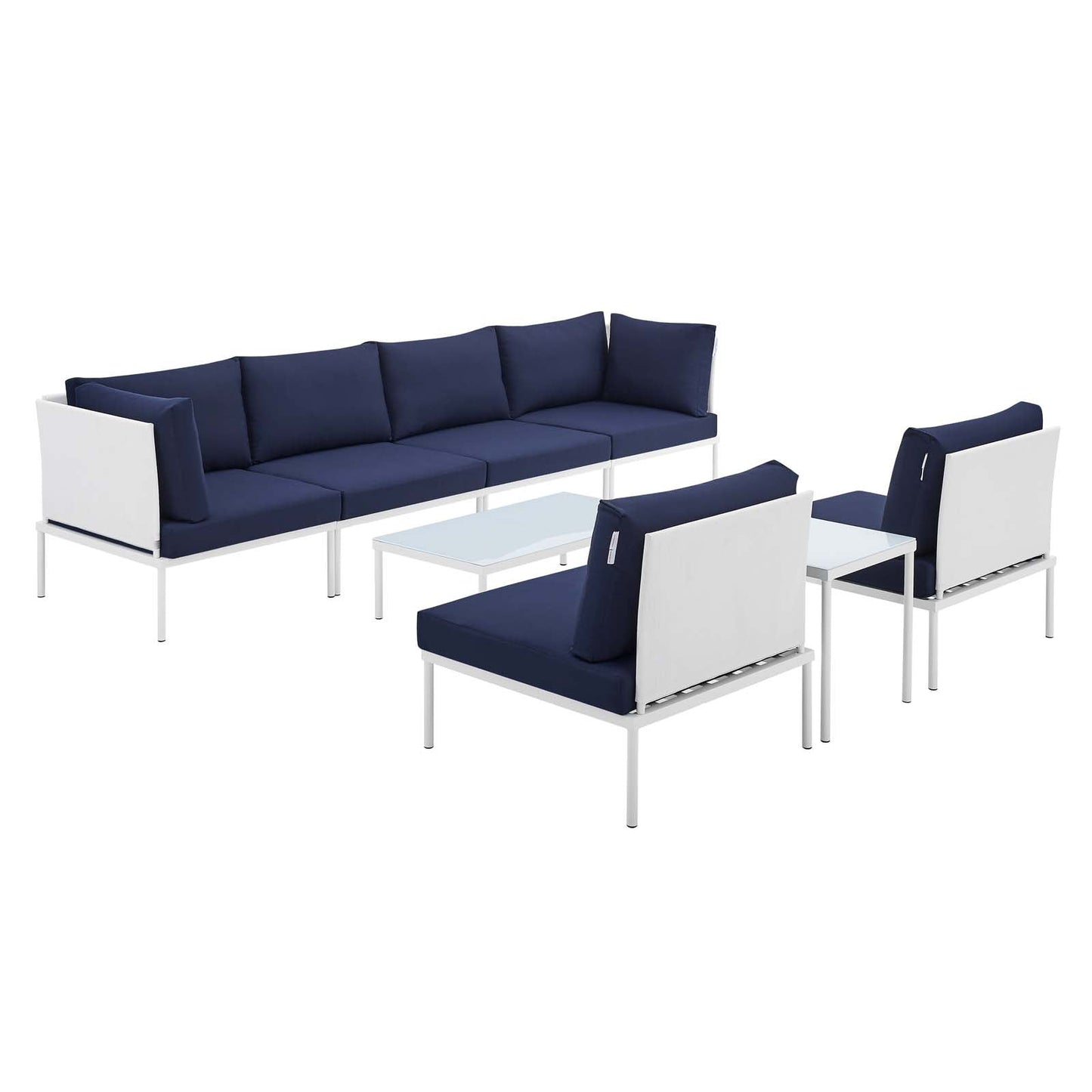 Harmony 8-Piece  Sunbrella® Outdoor Patio Aluminum Sectional Sofa Set White Navy EEI-4944-WHI-NAV-SET