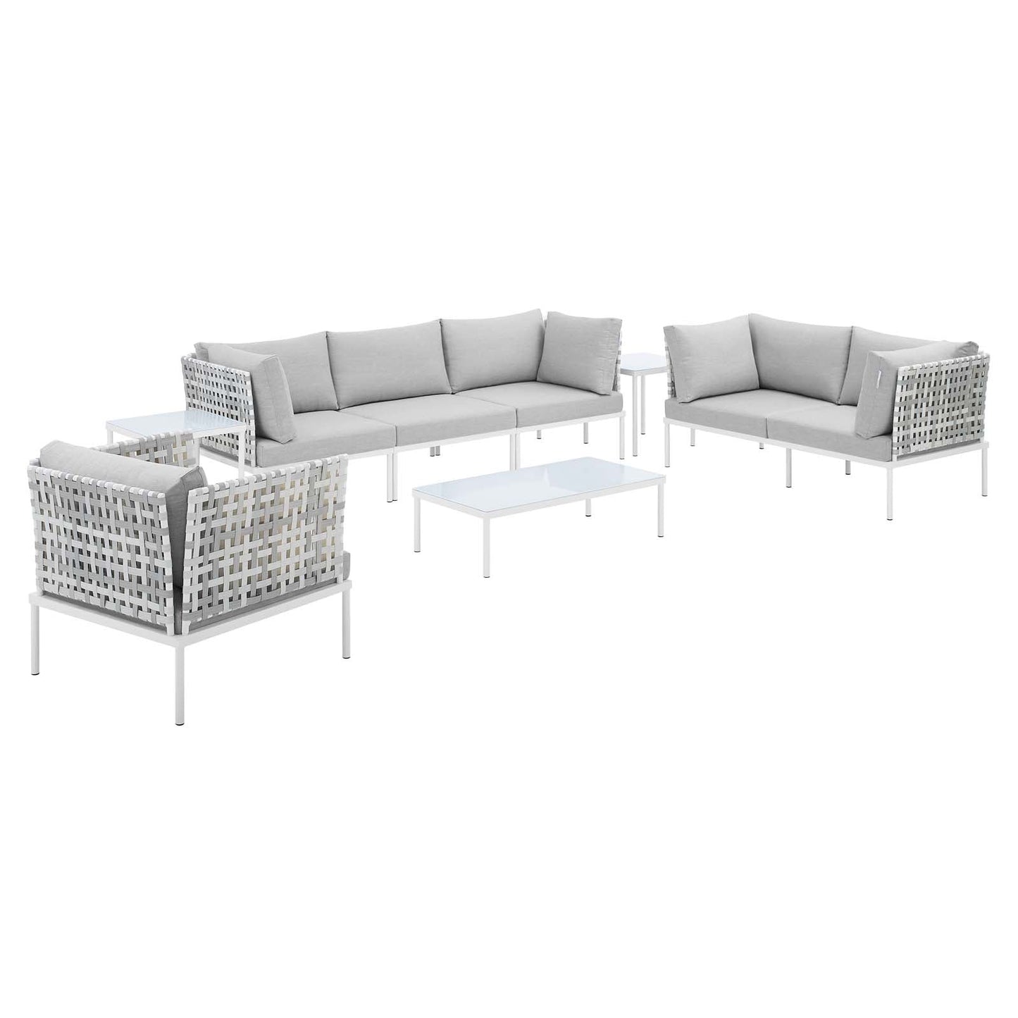 Harmony 8-Piece  Sunbrella® Basket Weave Outdoor Patio Aluminum Seating Set Taupe Gray EEI-4946-TAU-GRY-SET