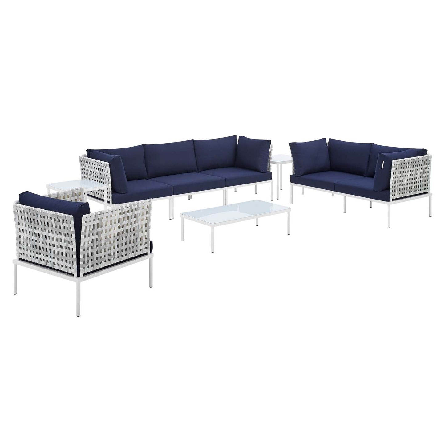 Harmony 8-Piece  Sunbrella® Basket Weave Outdoor Patio Aluminum Seating Set Taupe Navy EEI-4946-TAU-NAV-SET