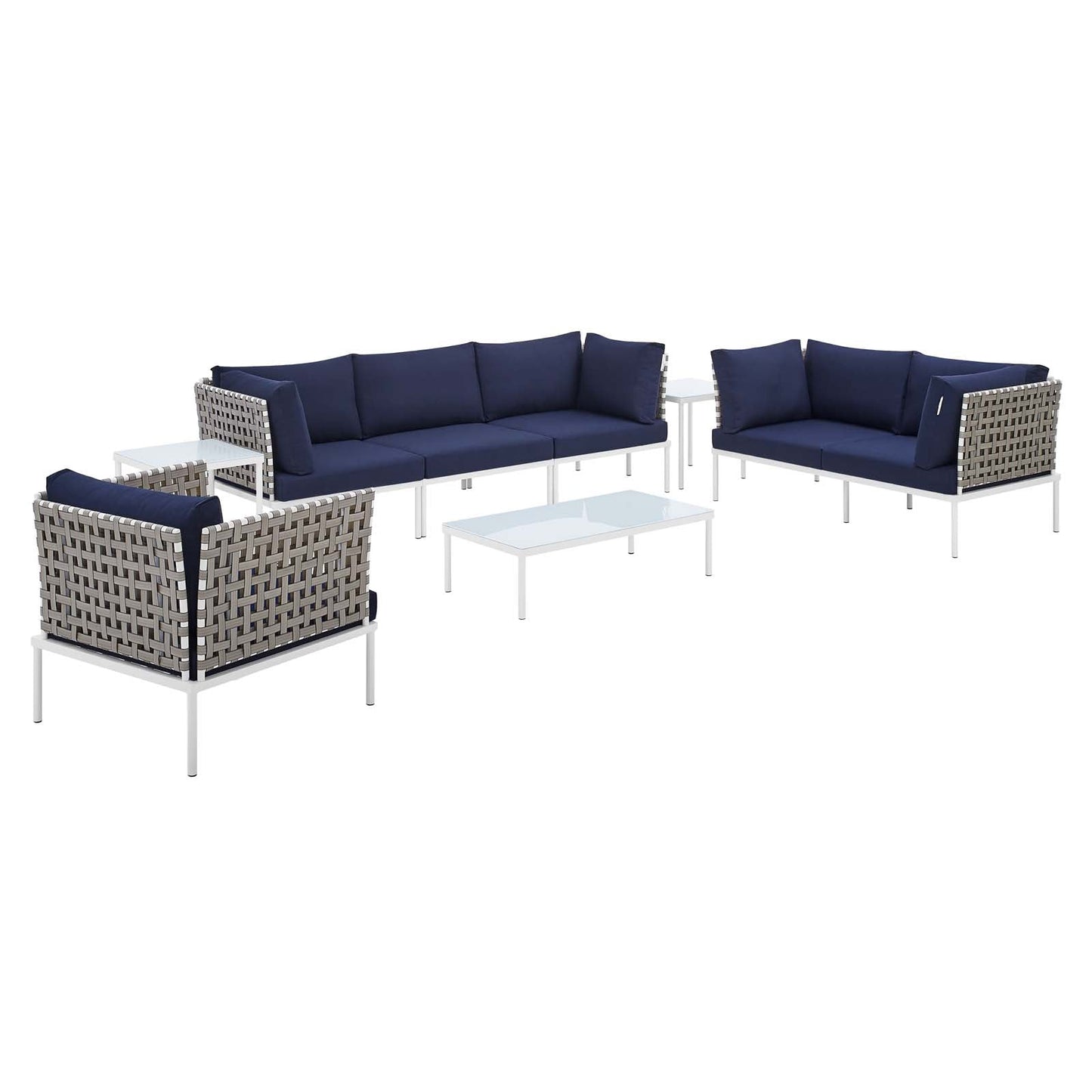 Harmony 8-Piece  Sunbrella® Basket Weave Outdoor Patio Aluminum Seating Set Tan Navy EEI-4947-TAN-NAV-SET