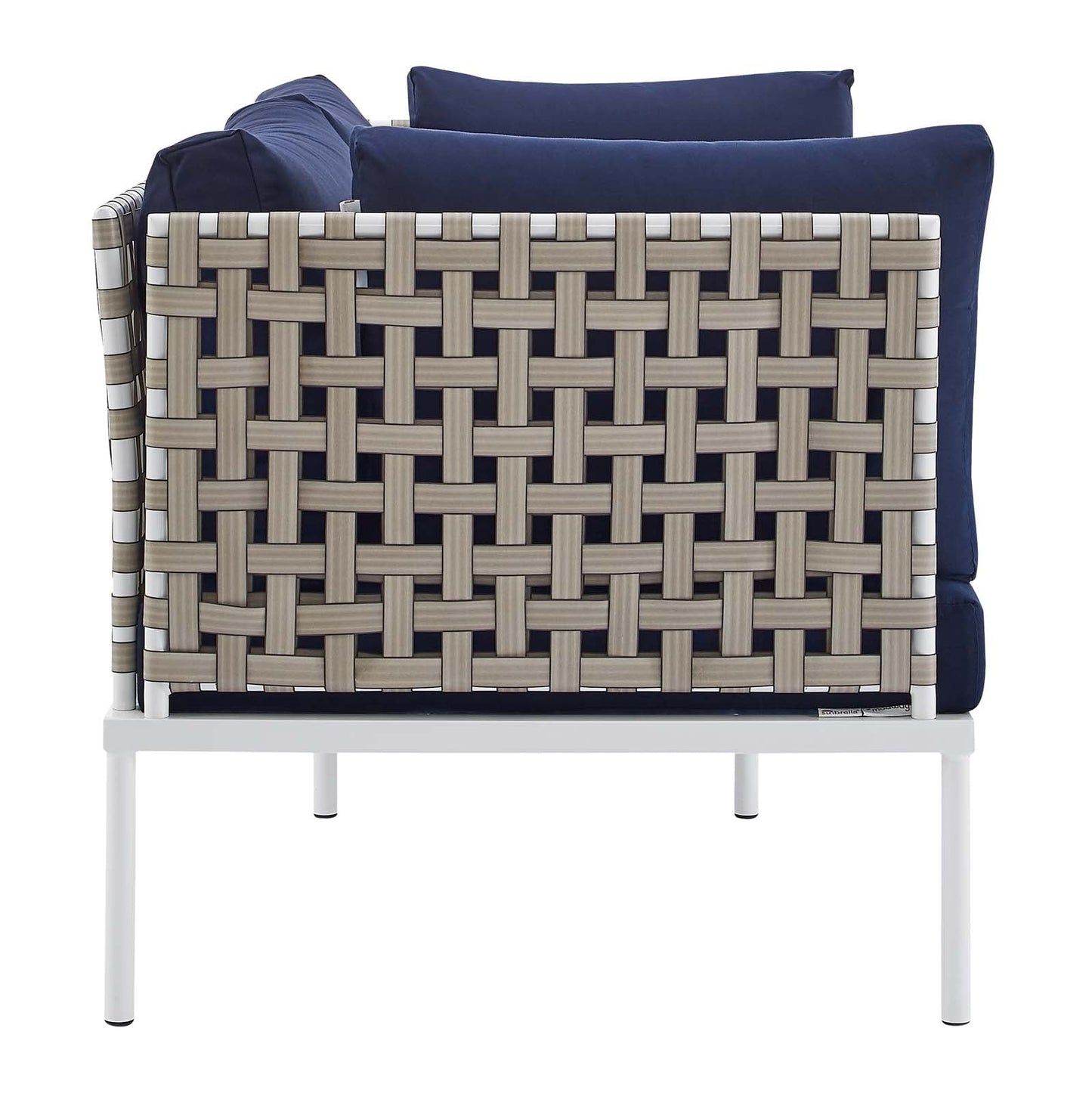 Harmony 8-Piece  Sunbrella® Basket Weave Outdoor Patio Aluminum Seating Set Tan Navy EEI-4947-TAN-NAV-SET