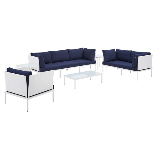 Harmony 8-Piece  Sunbrella® Outdoor Patio Aluminum Seating Set White Navy EEI-4948-WHI-NAV-SET