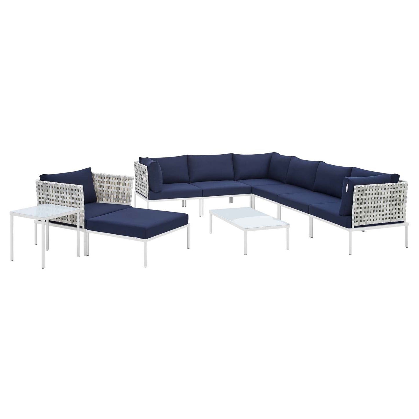 Harmony 10-Piece  Sunbrella® Basket Weave Outdoor Patio Aluminum Sectional Sofa Set Taupe Navy EEI-4950-TAU-NAV-SET