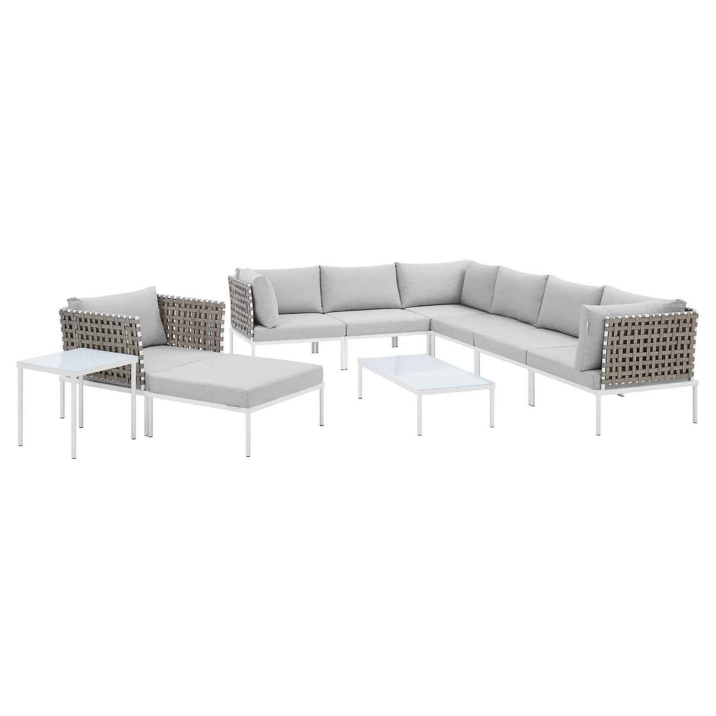 Harmony 10-Piece  Sunbrella® Basket Weave Outdoor Patio Aluminum Sectional Sofa Set Tan Gray EEI-4951-TAN-GRY-SET