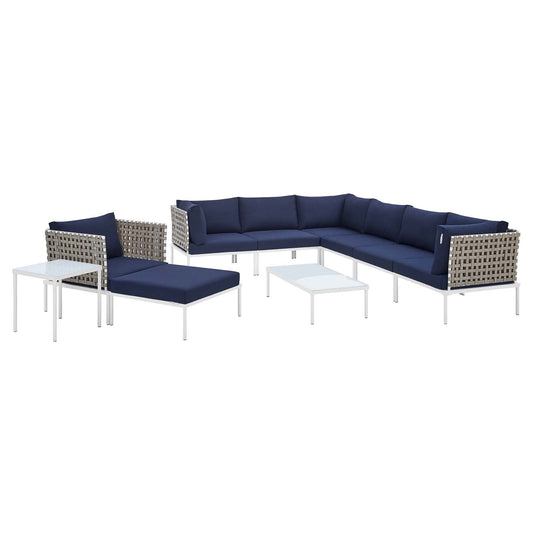 Harmony 10-Piece  Sunbrella® Basket Weave Outdoor Patio Aluminum Sectional Sofa Set Tan Navy EEI-4951-TAN-NAV-SET