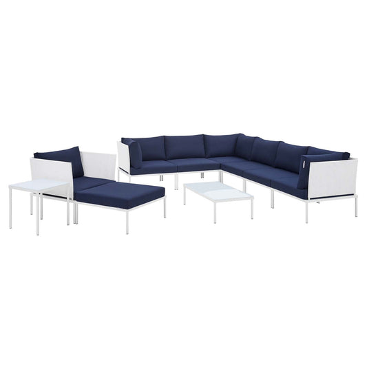 Harmony 10-Piece  Sunbrella® Outdoor Patio Aluminum Sectional Sofa Set White Navy EEI-4952-WHI-NAV-SET