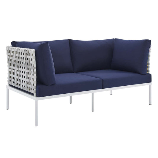 Harmony Sunbrella® Basket Weave Outdoor Patio Aluminum Loveseat Taupe Navy EEI-4961-TAU-NAV