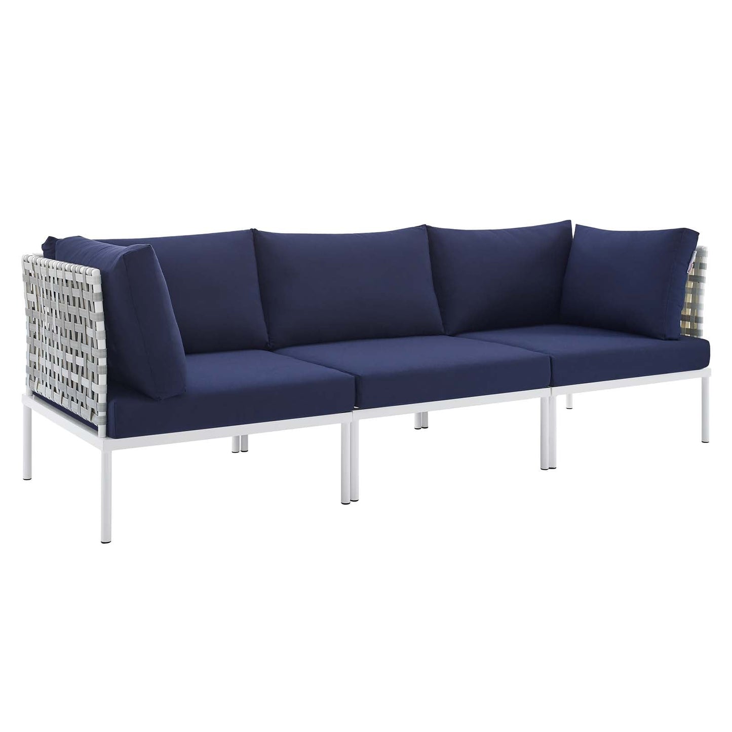 Harmony Sunbrella® Basket Weave Outdoor Patio Aluminum Sofa Taupe Navy EEI-4965-TAU-NAV