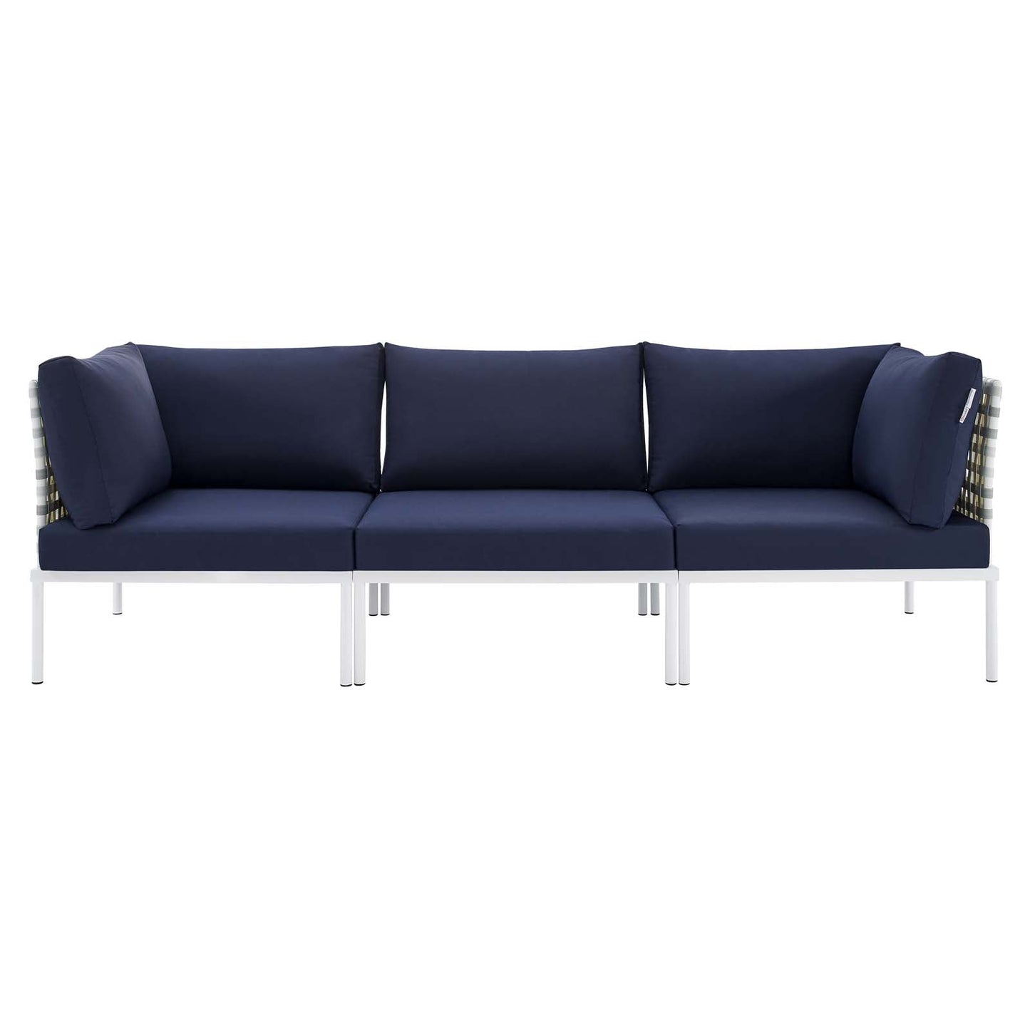 Harmony Sunbrella® Basket Weave Outdoor Patio Aluminum Sofa Taupe Navy EEI-4965-TAU-NAV