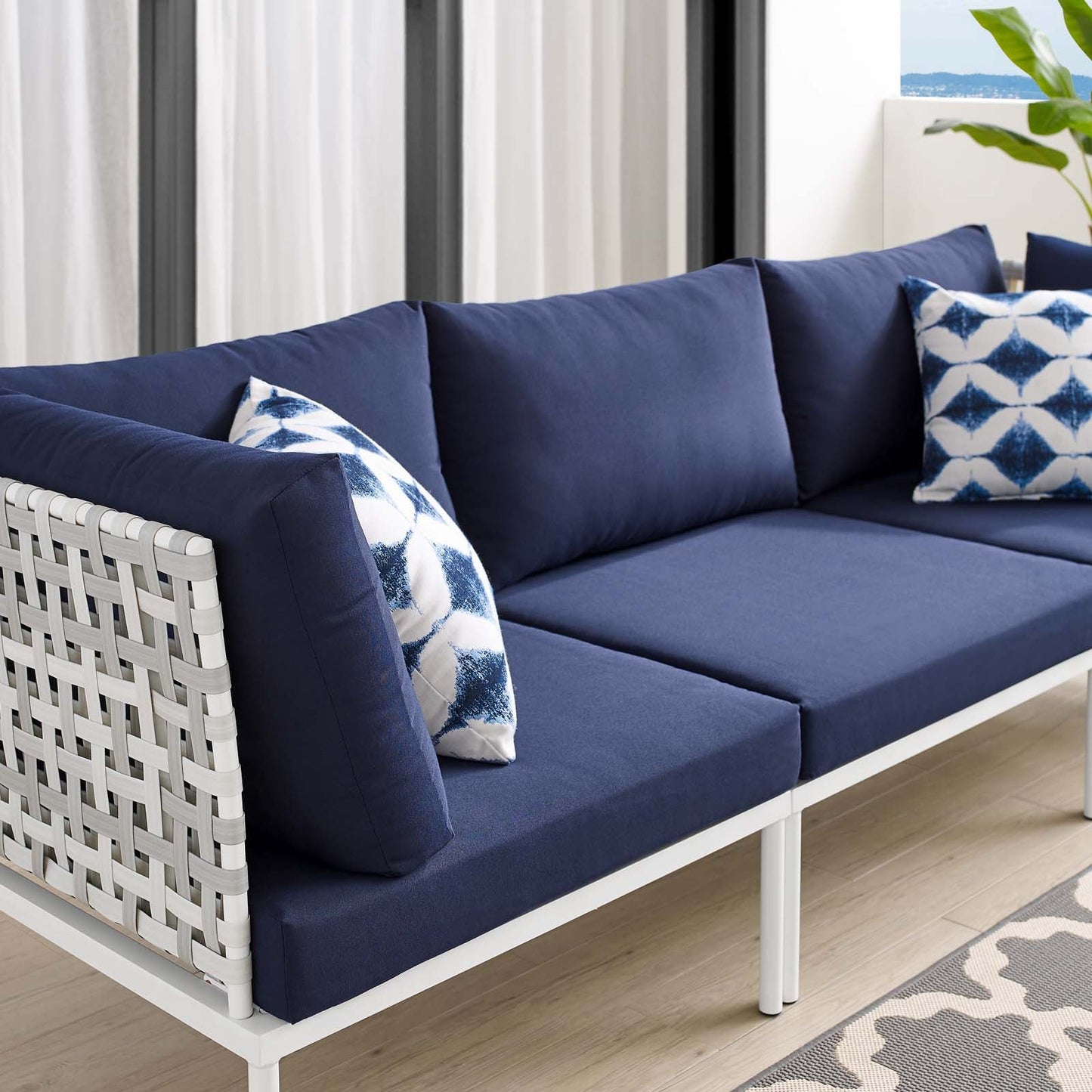 Harmony Sunbrella® Basket Weave Outdoor Patio Aluminum Sofa Taupe Navy EEI-4965-TAU-NAV