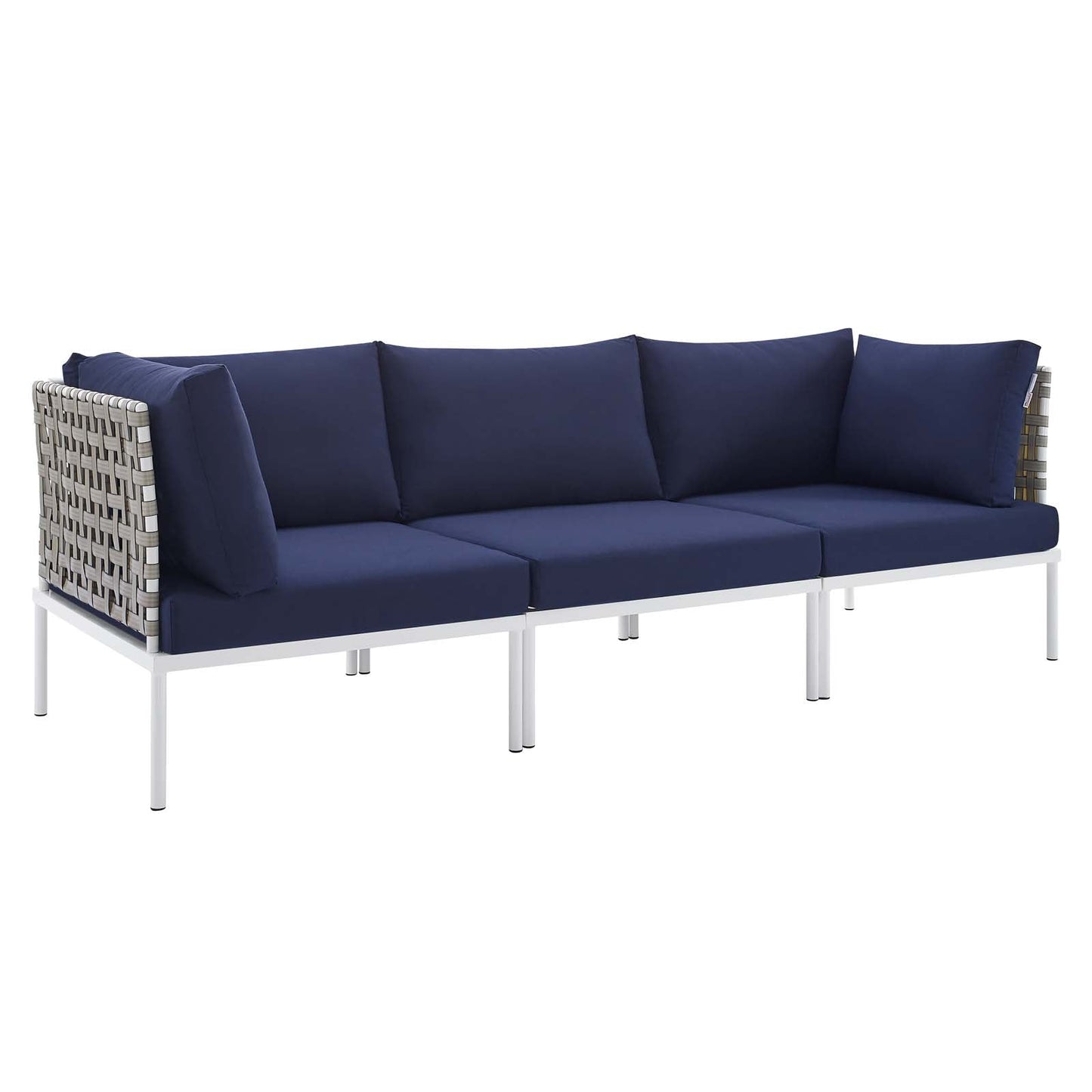 Harmony Sunbrella® Basket Weave Outdoor Patio Aluminum Sofa Tan Navy EEI-4966-TAN-NAV