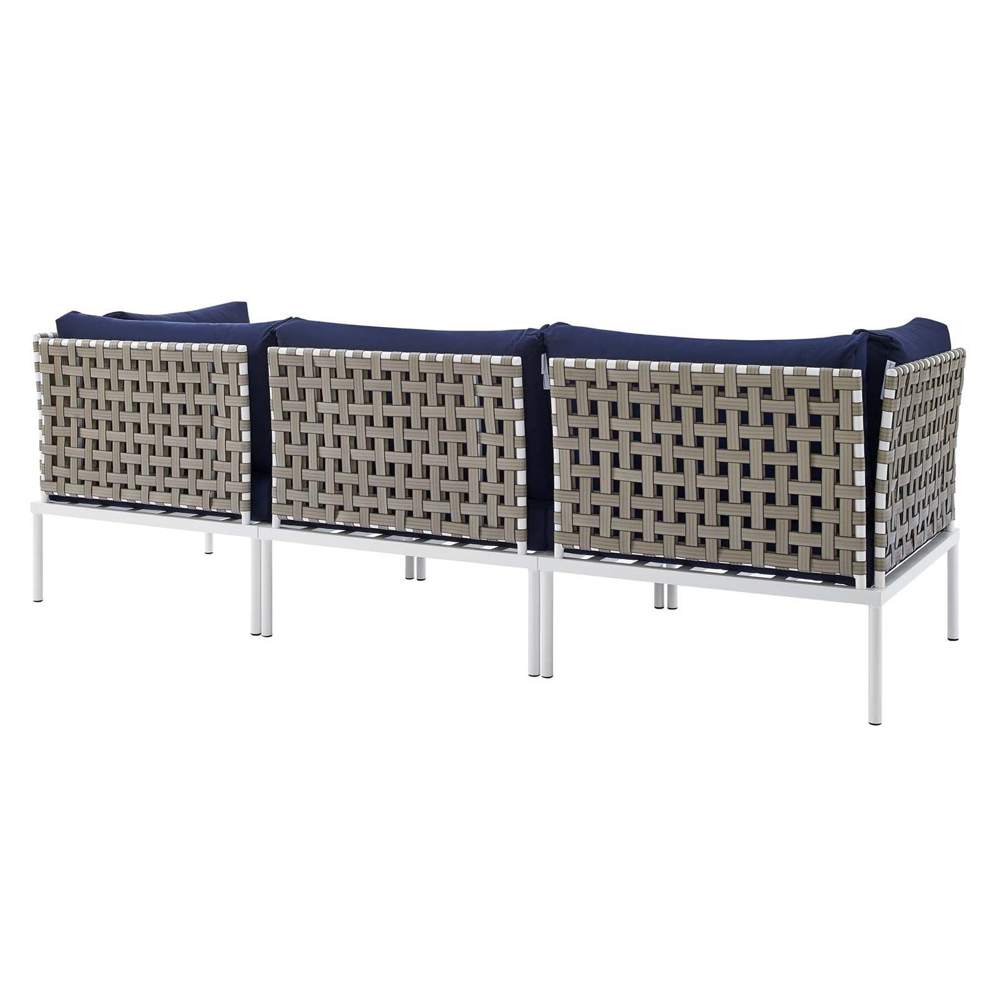 Harmony Sunbrella® Basket Weave Outdoor Patio Aluminum Sofa Tan Navy EEI-4966-TAN-NAV