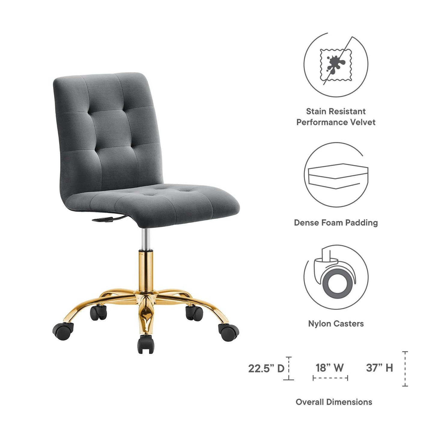 Prim Armless Performance Velvet Office Chair Gold Gray EEI-4973-GLD-GRY