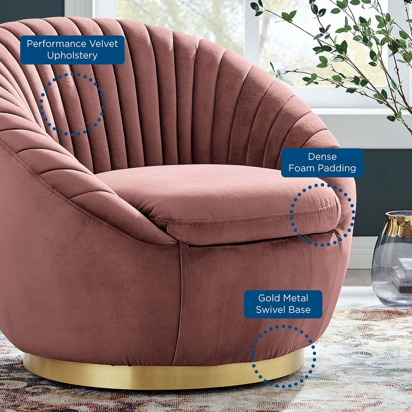 Whirr Tufted Performance Velvet Swivel Chair Gold Dusty Rose EEI-5002-GLD-DUS