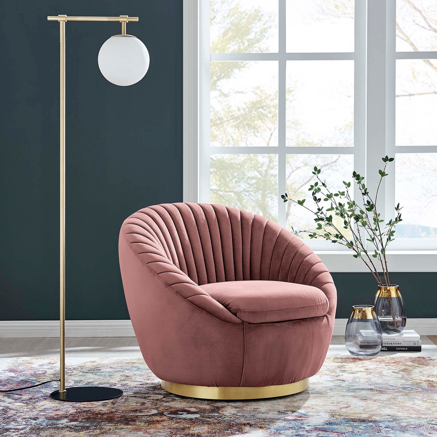 Whirr Tufted Performance Velvet Swivel Chair Gold Dusty Rose EEI-5002-GLD-DUS