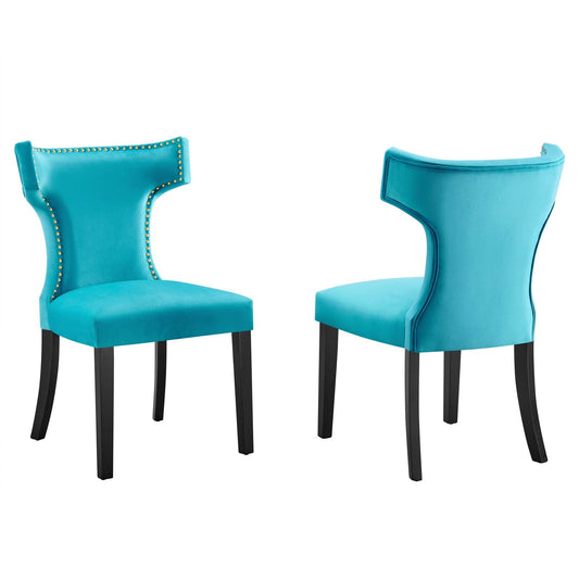 Curve Performance Velvet Dining Chairs - Set of 2 Blue EEI-5008-BLU