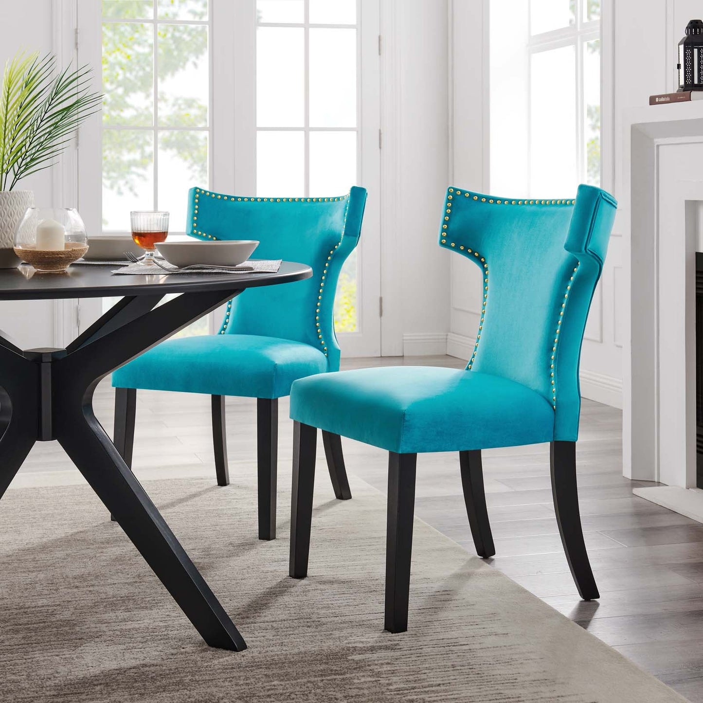 Curve Performance Velvet Dining Chairs - Set of 2 Blue EEI-5008-BLU