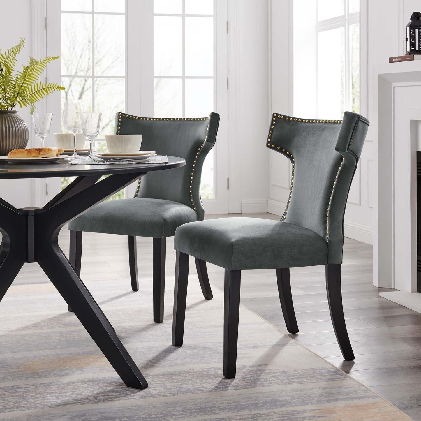 Curve Performance Velvet Dining Chairs - Set of 2 Gray EEI-5008-GRY