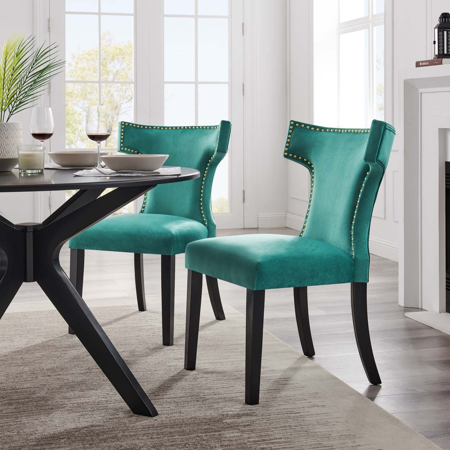 Curve Performance Velvet Dining Chairs - Set of 2 Teal EEI-5008-TEA