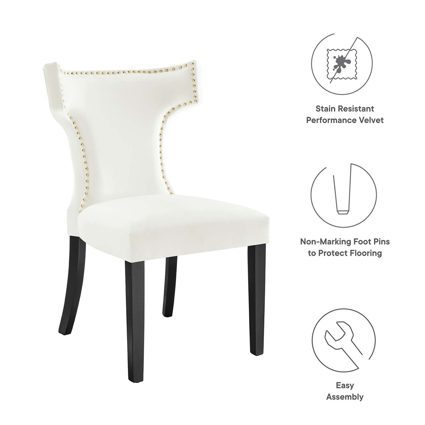 Curve Performance Velvet Dining Chairs - Set of 2 White EEI-5008-WHI