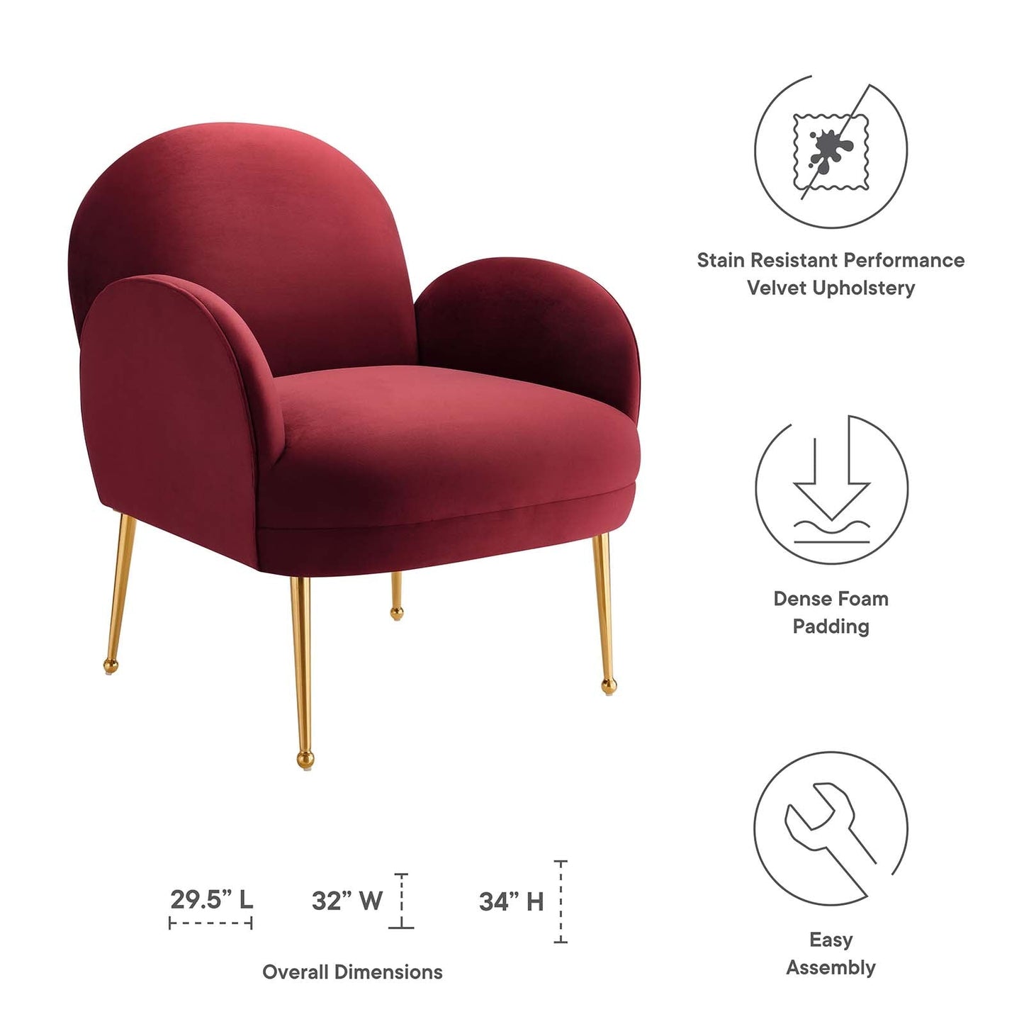 Transcend Performance Velvet Armchair Maroon EEI-5026-MAR