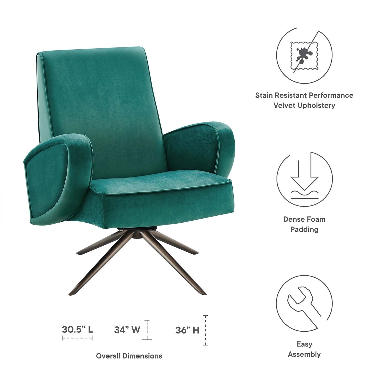 Superior Performance Velvet Swivel Chair Teal EEI-5027-TEA