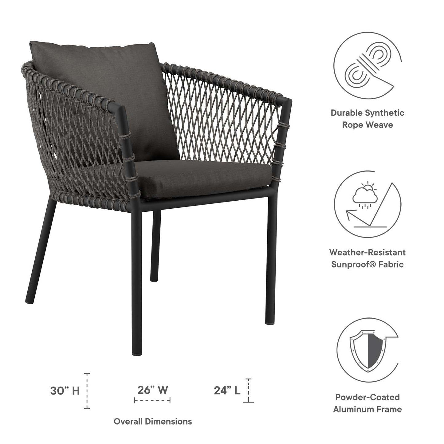 Sailor Outdoor Patio Dining Armchair Charcoal Charcoal EEI-5040-CHA-CHA