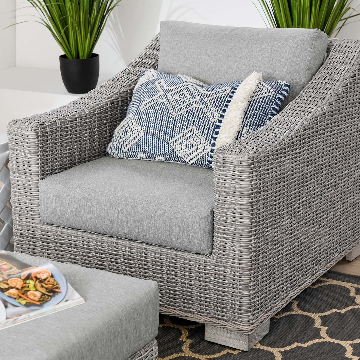 Conway Outdoor Patio Wicker Rattan 2-Piece Armchair and Ottoman Set Light Gray Gray EEI-5090-GRY