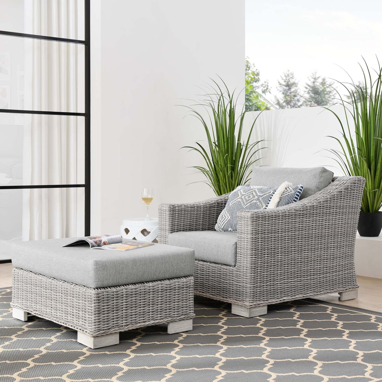 Conway Outdoor Patio Wicker Rattan 2-Piece Armchair and Ottoman Set Light Gray Gray EEI-5090-GRY