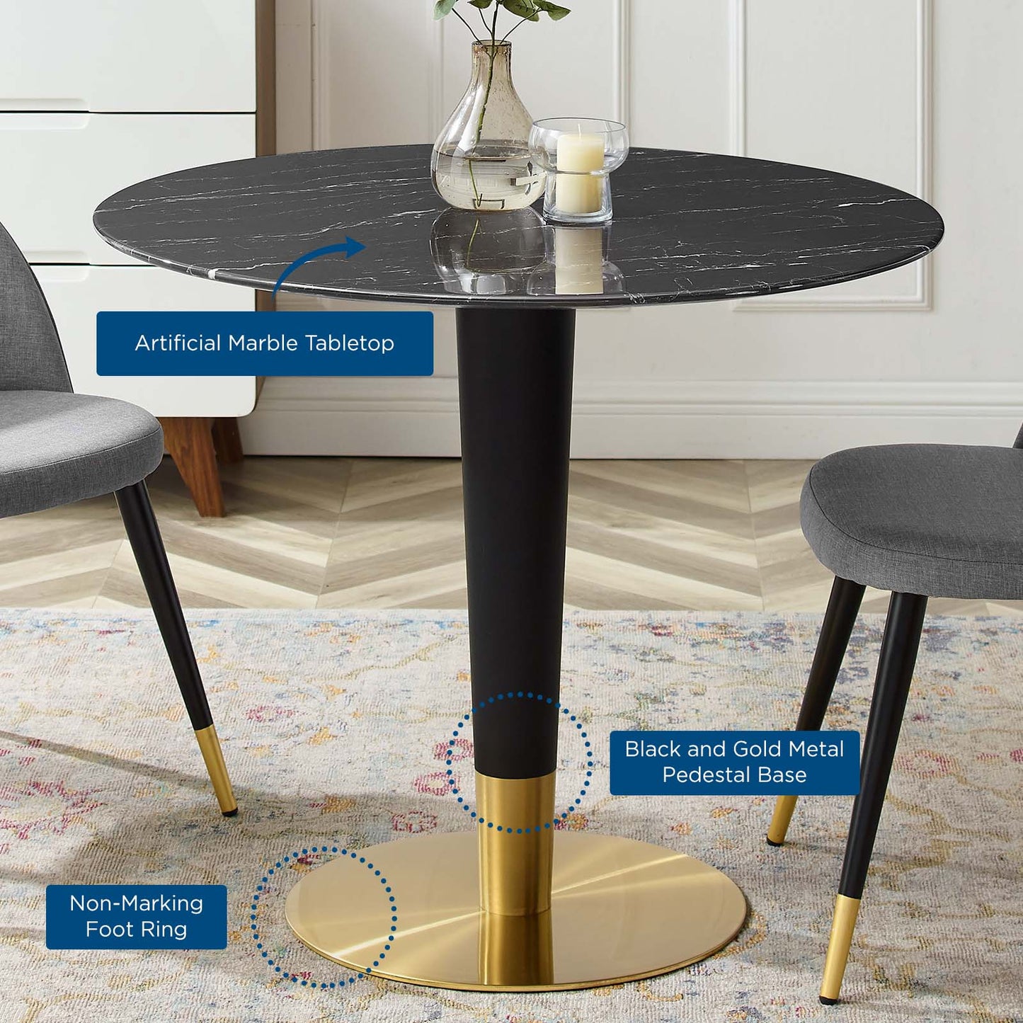 Zinque 36" Artificial Marble Dining Table Gold Black EEI-5132-GLD-BLK