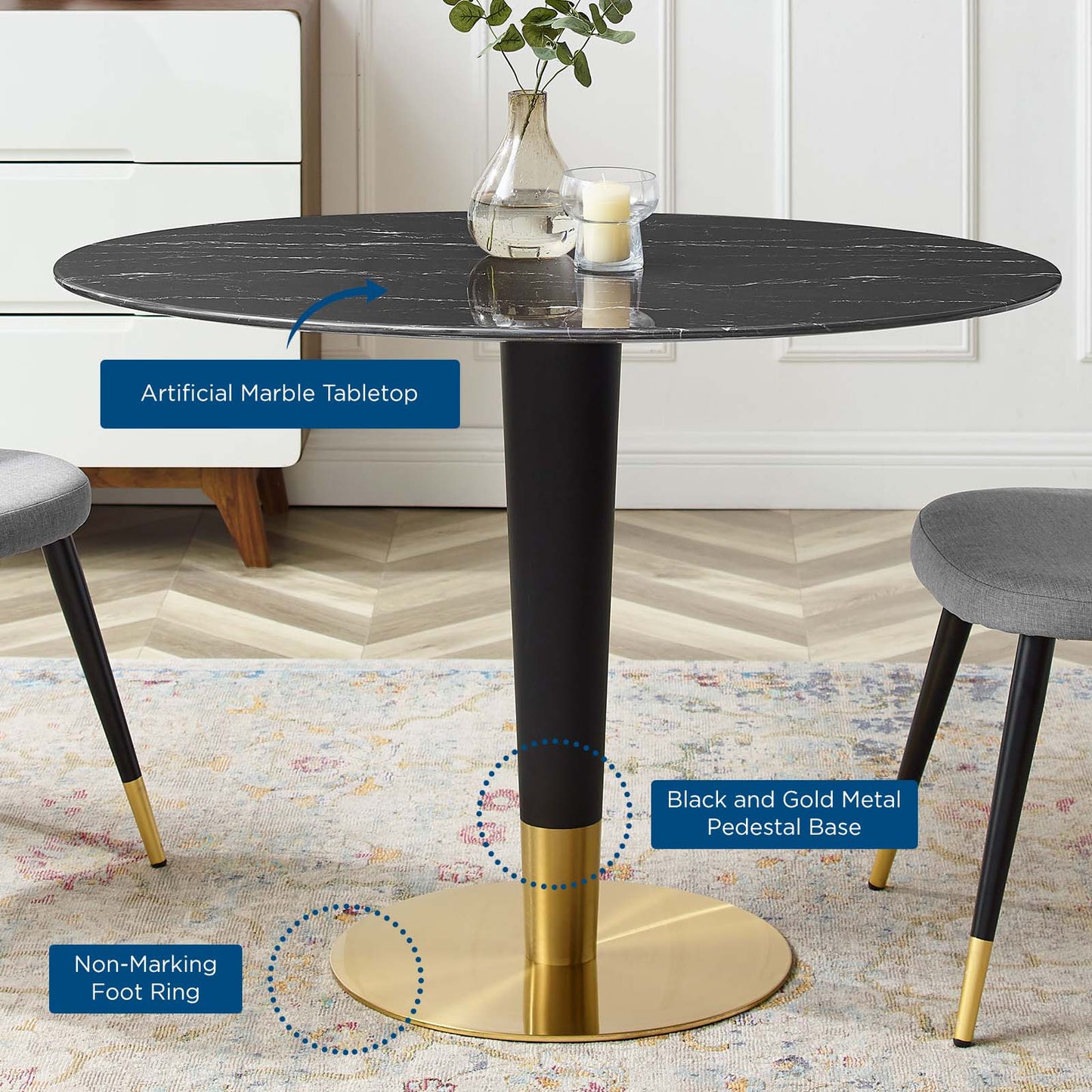 Zinque 42" Oval Artificial Marble Dining Table Gold Black EEI-5133-GLD-BLK