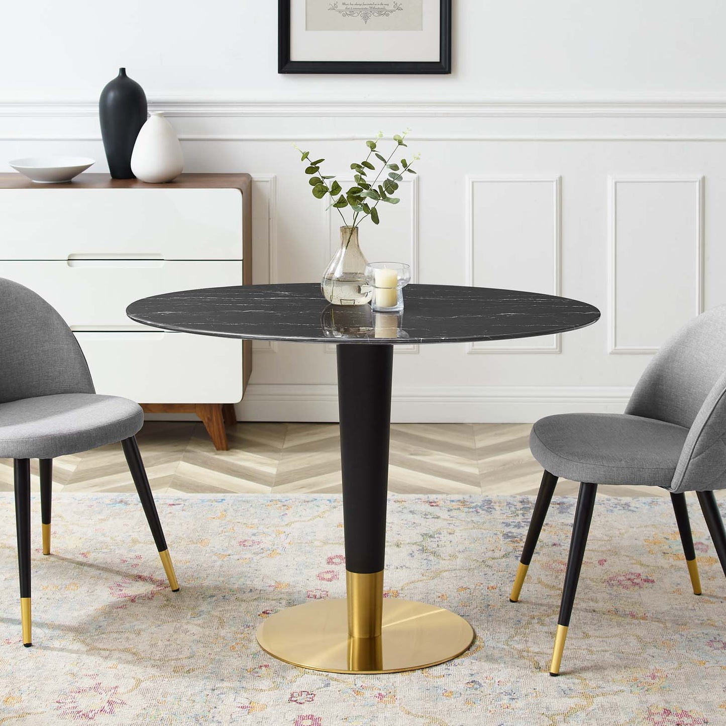 Zinque 42" Oval Artificial Marble Dining Table Gold Black EEI-5133-GLD-BLK