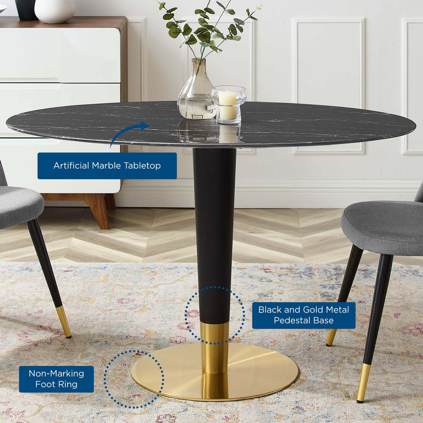 Zinque 48" Oval Artificial Marble Dining Table Gold Black EEI-5134-GLD-BLK