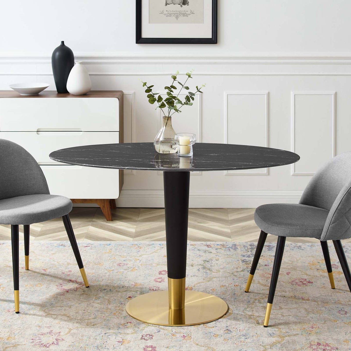 Zinque 48" Oval Artificial Marble Dining Table Gold Black EEI-5134-GLD-BLK