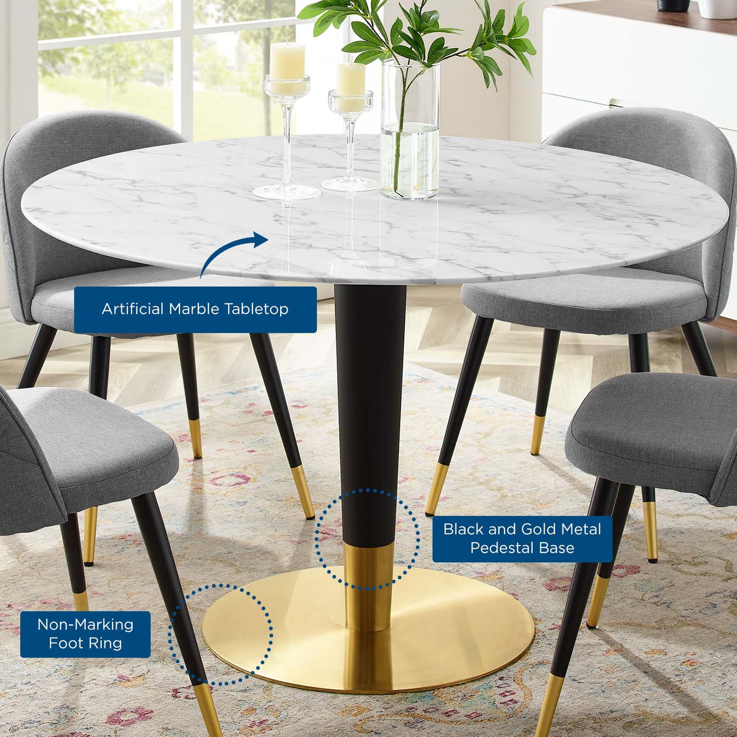 Zinque 47" Artificial Marble Dining Table Gold White EEI-5139-GLD-WHI