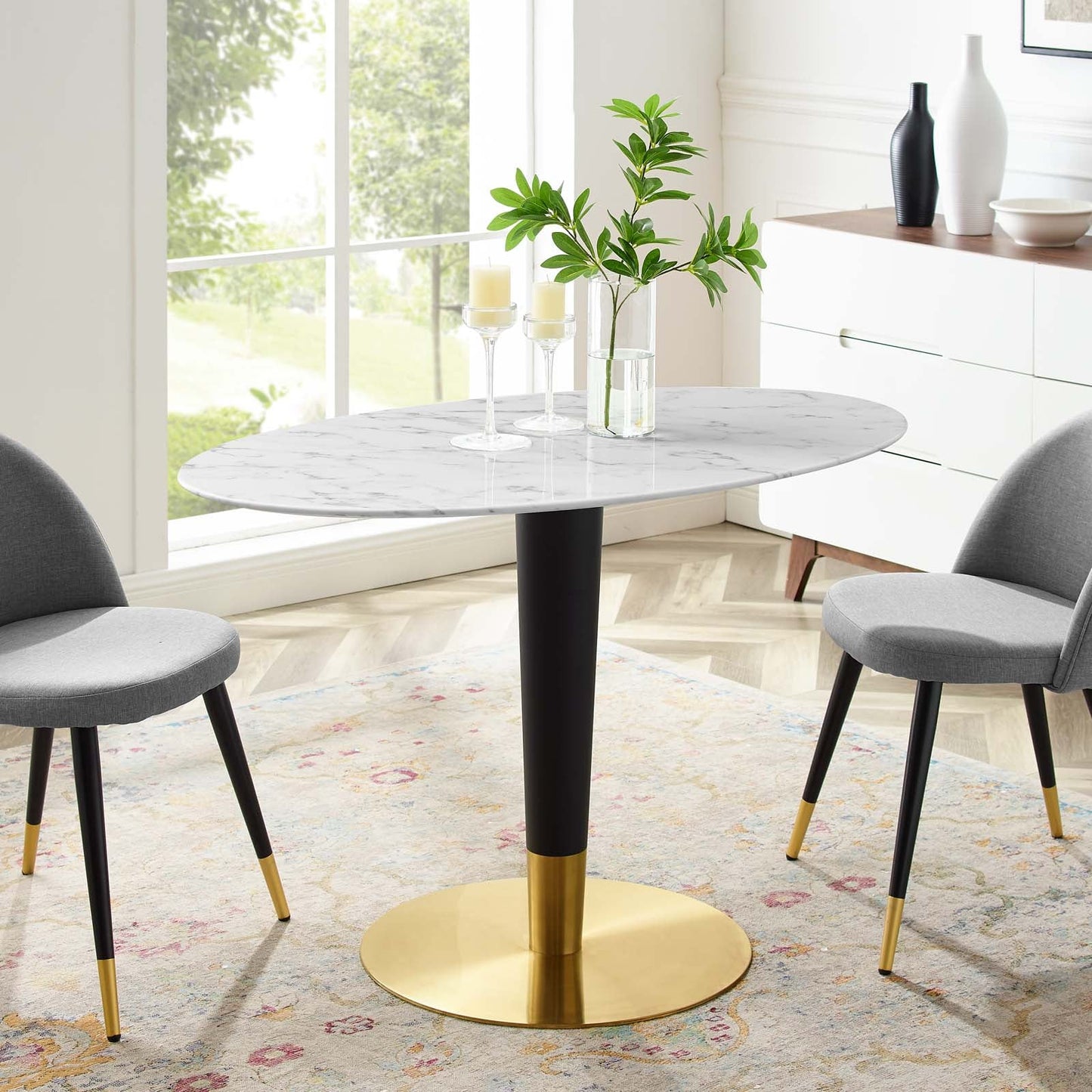 Zinque 48" Oval Artificial Marble Dining Table Gold White EEI-5143-GLD-WHI