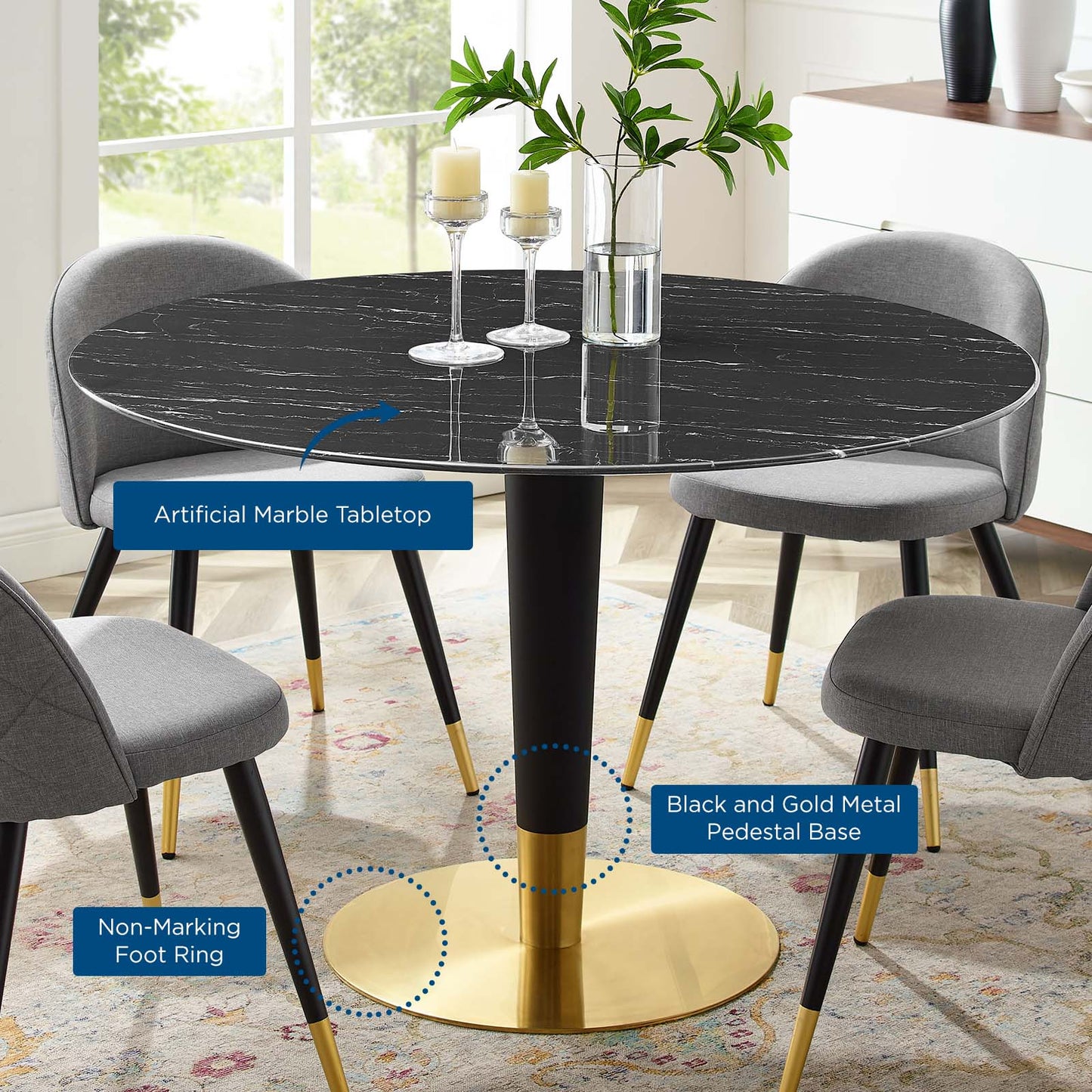 Zinque 47" Artificial Marble Dining Table Gold Black EEI-5149-GLD-BLK