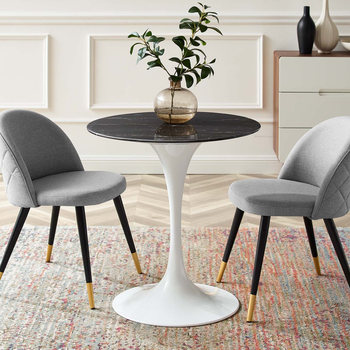 Lippa 28" Artificial Marble Dining Table White Black EEI-5167-WHI-BLK