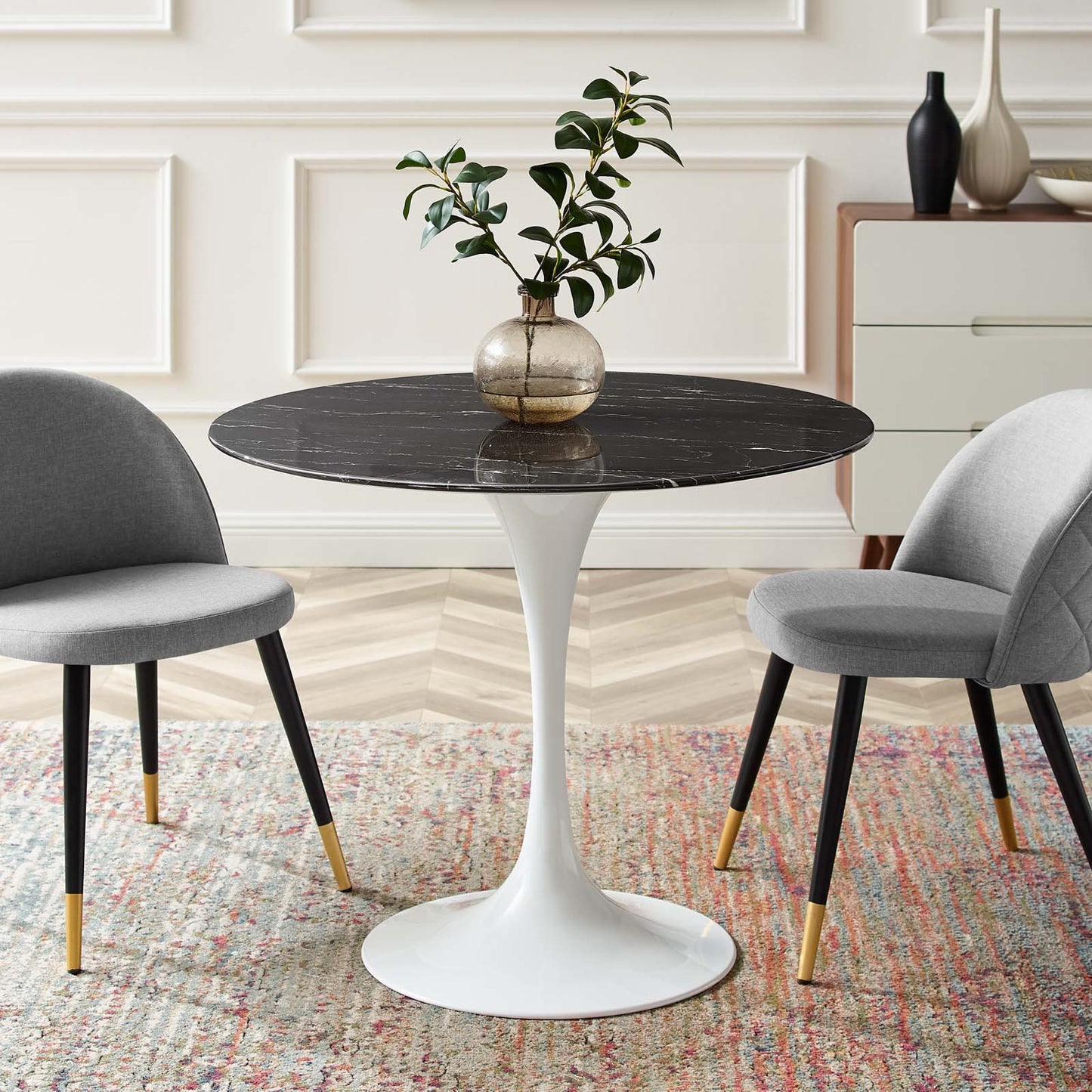 Lippa 36" Artificial Marble Dining Table White Black EEI-5168-WHI-BLK