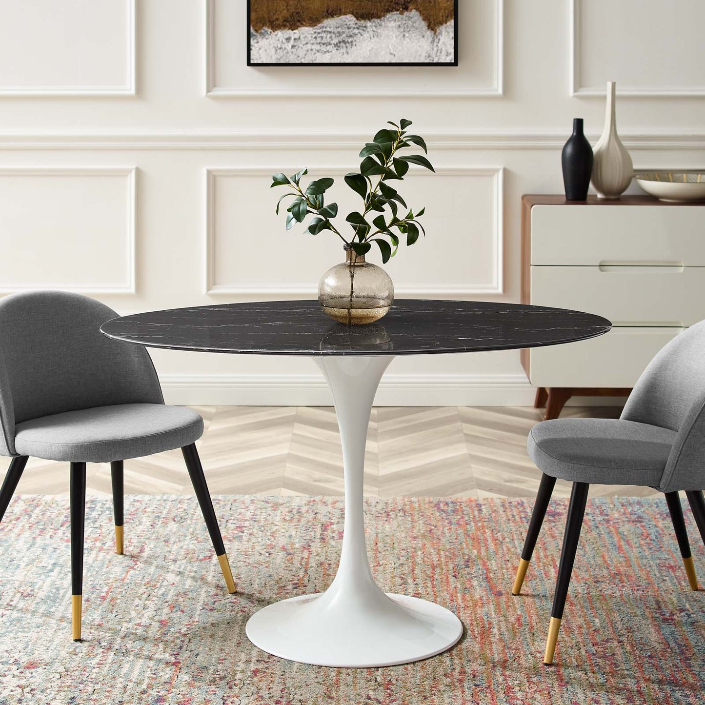 Lippa 48" Oval Artificial Marble Dining Table White Black EEI-5170-WHI-BLK