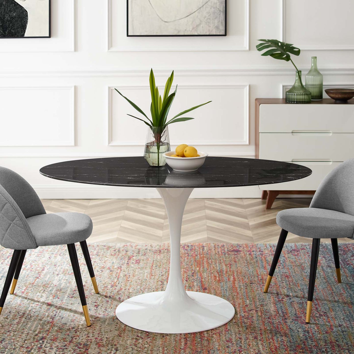 Lippa 54" Artificial Marble Dining Table White Black EEI-5185-WHI-BLK