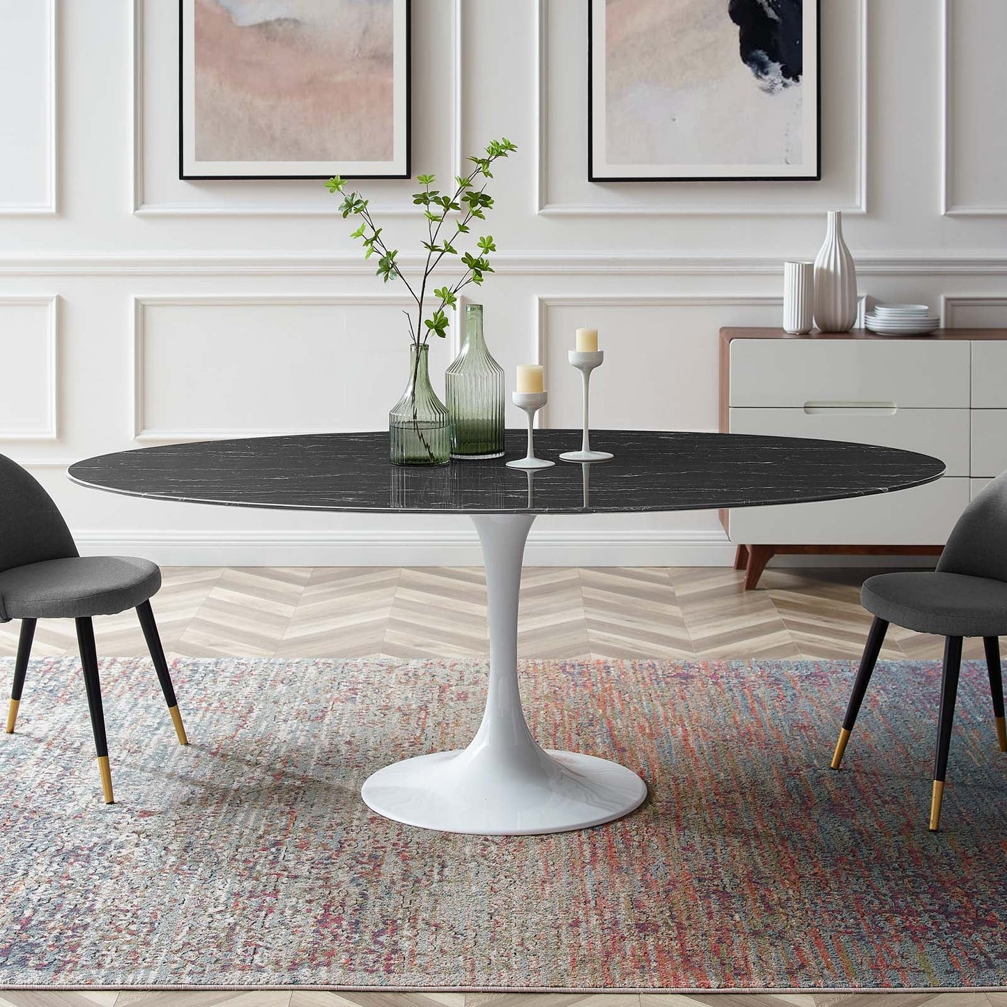 Lippa 78" Oval Artificial Marble Dining Table White Black EEI-5198-WHI-BLK