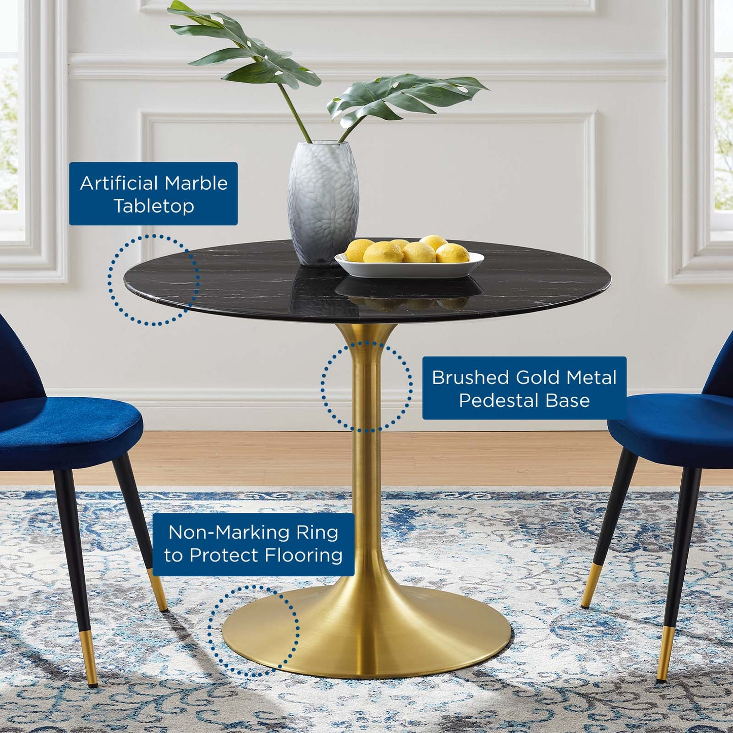 Lippa 40" Artificial Marble Dining Table Gold Black EEI-5238-GLD-BLK