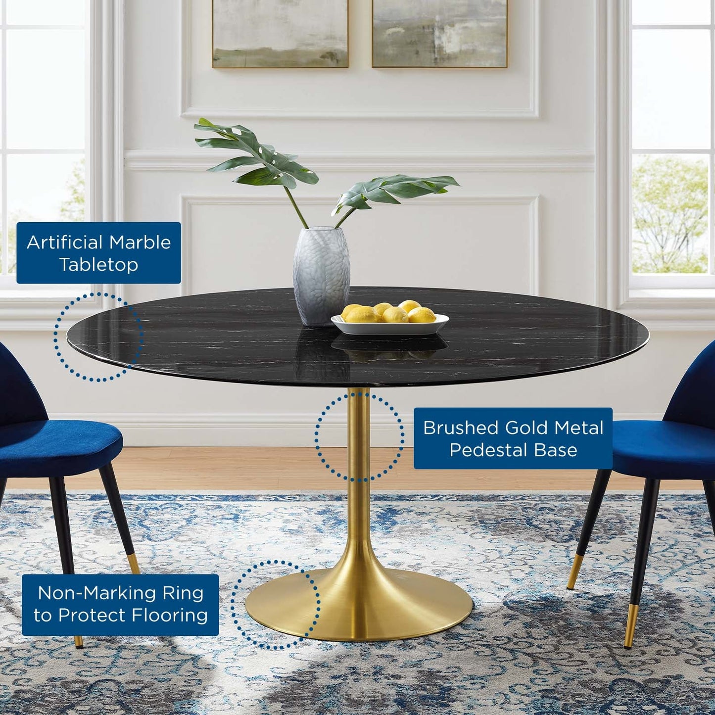 Lippa 60" Artificial Marble Dining Table Gold Black EEI-5241-GLD-BLK