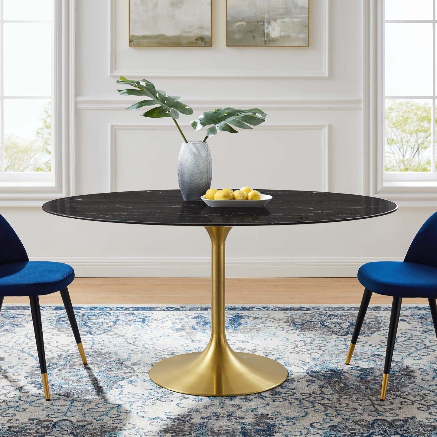 Lippa 60" Oval Artificial Marble Dining Table Gold Black EEI-5243-GLD-BLK