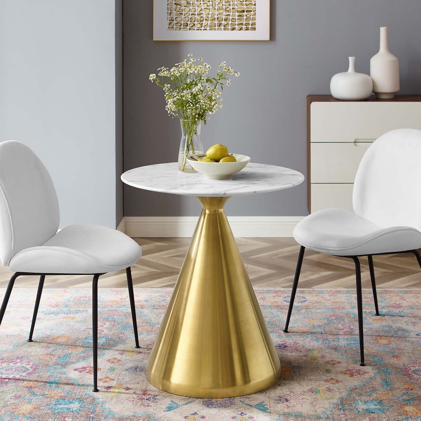 Tupelo 28" Artificial Marble Dining Table Gold White EEI-5318-GLD-WHI