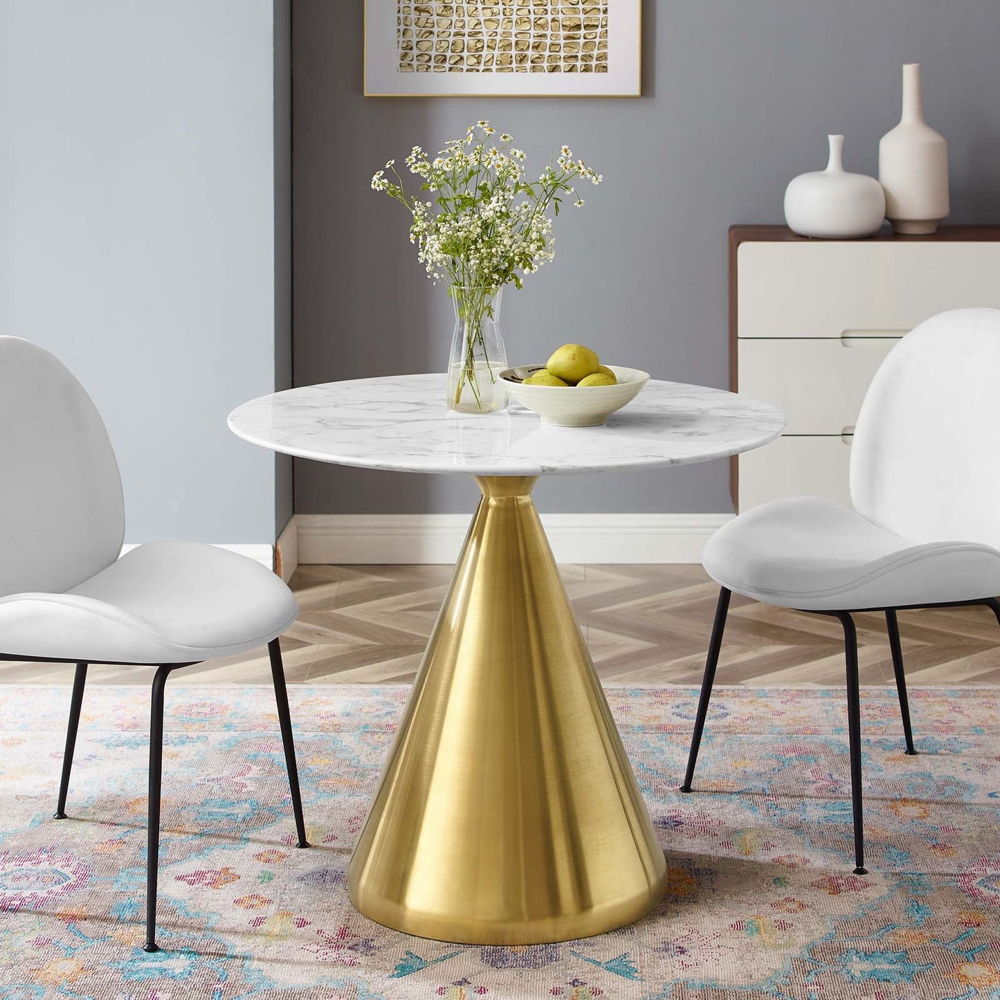 Tupelo 36" Artificial Marble Dining Table Gold White EEI-5319-GLD-WHI