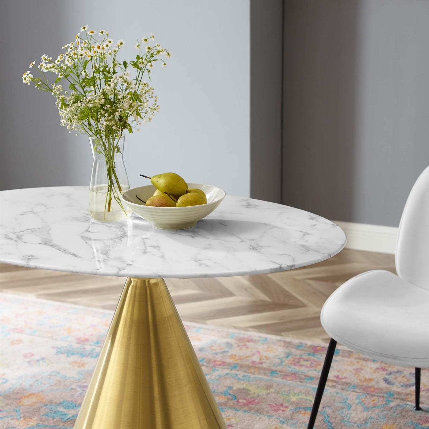 Tupelo 42" Oval Artificial Marble Dining Table Gold White EEI-5322-GLD-WHI